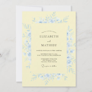 Invitación Boda floral etérea de azul amarillo pálido