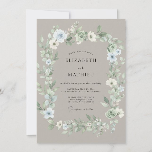 Invitación Boda floral etérea de azul pálido (Anverso)