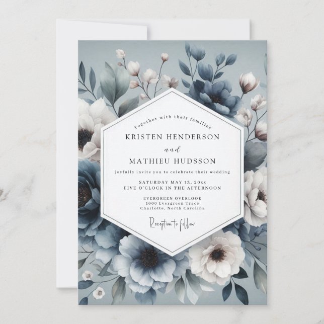 Invitación Boda Floral Etérea de Azul Pizarra (Anverso)