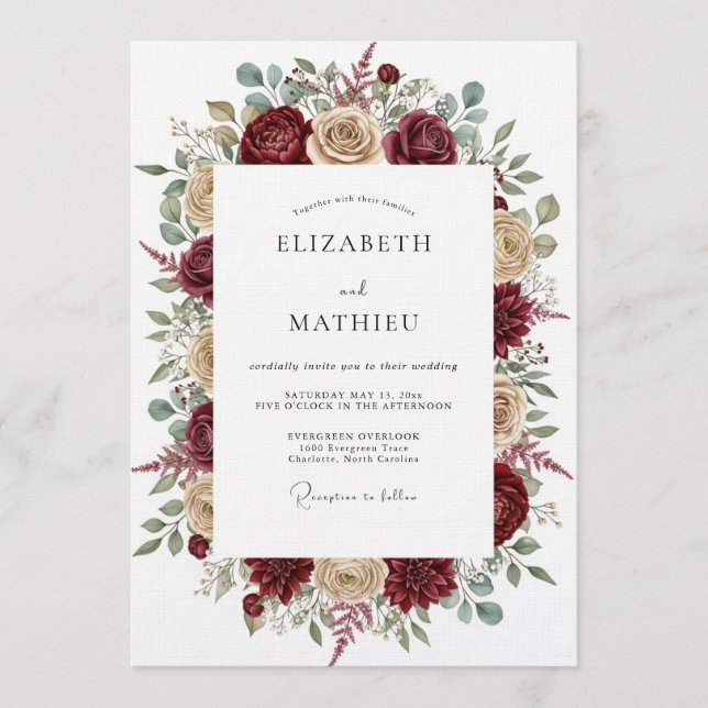 Invitación Boda floral etérea de Borgoña (Anverso)