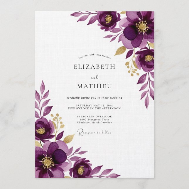 Invitación Boda floral etérea de ciruela (Anverso)