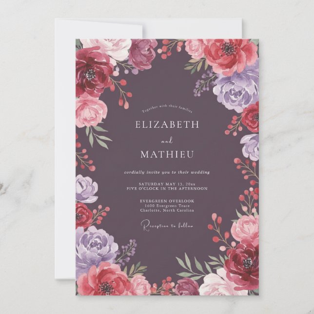 Invitación Boda floral etérea de ciruela profunda (Anverso)