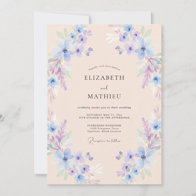 Invitación Boda floral etérea de color azul claro (Anverso)