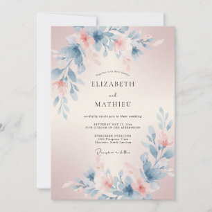 Invitación Boda floral etérea de color azul rosado