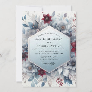 Invitación Boda floral etérea de color azul y borgoña
