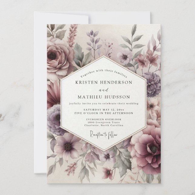 Invitación Boda floral etérea de color malva (Anverso)