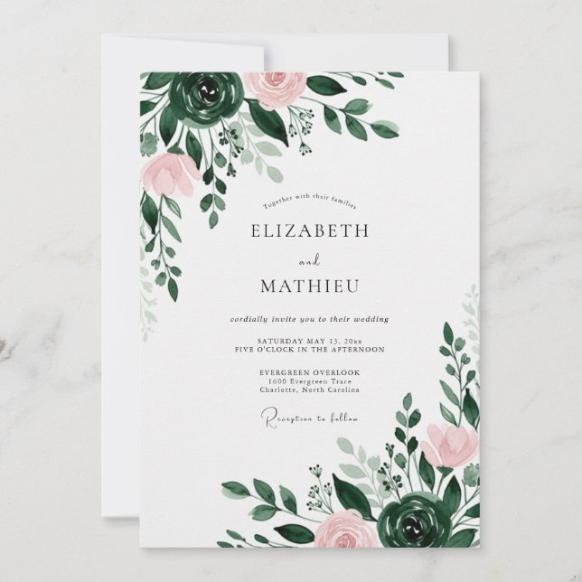 Invitación Boda floral etérea de color verde bosque (Anverso)