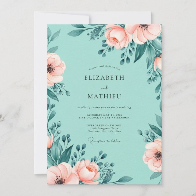 Invitación Boda floral etérea de color verde menta (Anverso)