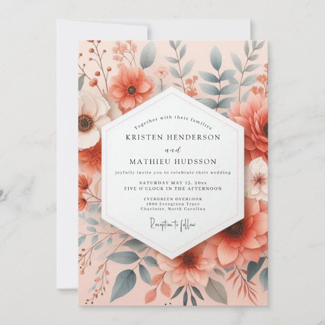 Invitación Boda Floral Etérea de Coral (Anverso)