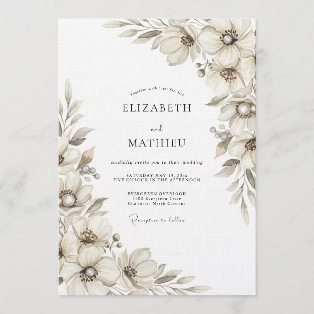 Invitación Boda floral etérea de crema (Anverso)