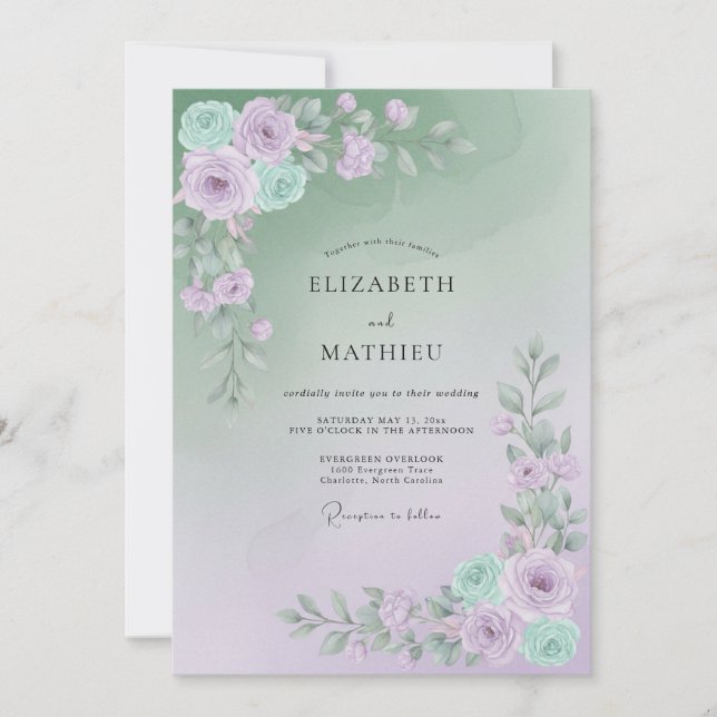 Invitación Boda floral etérea de lavanda salvia (Anverso)