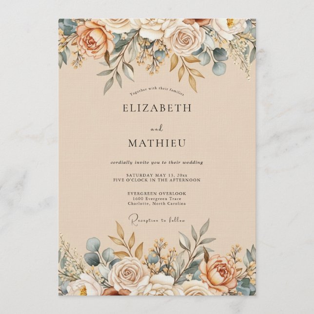 Invitación Boda floral etérea de melocotón (Anverso)