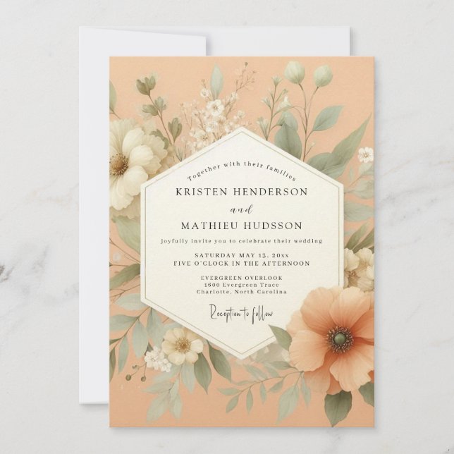 Invitación Boda Floral Etérea de Melocotón (Anverso)