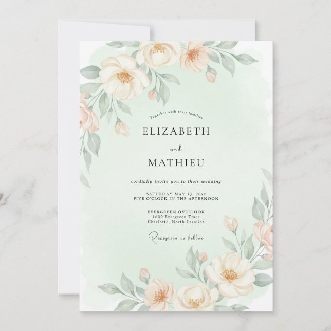 Invitación Boda floral etérea de melocotón pálido (Anverso)