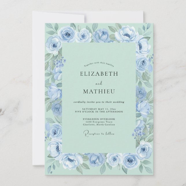 Invitación Boda floral etérea de menta y aciano (Anverso)