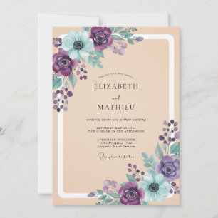 Invitación Boda Floral Etérea de Morado y Turquesa