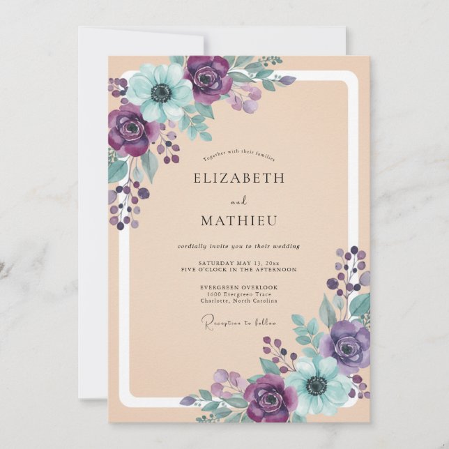 Invitación Boda Floral Etérea de Morado y Turquesa (Anverso)