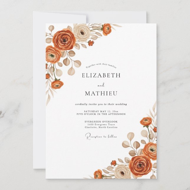 Invitación Boda floral etérea de naranja quemada (Anverso)