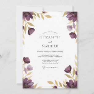 Invitación Boda floral etérea dorada de ciruela