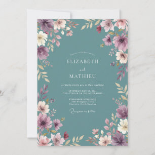 Invitación Boda floral etérea en azul verdoso polvoriento