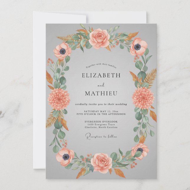 Invitación Boda floral etérea gris melocotón (Anverso)