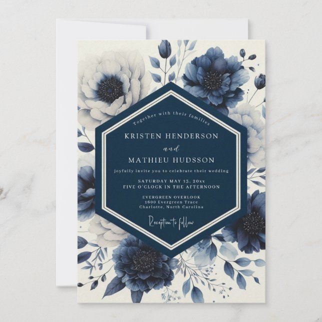 Invitación Boda Floral Etérea Índigo (Anverso)