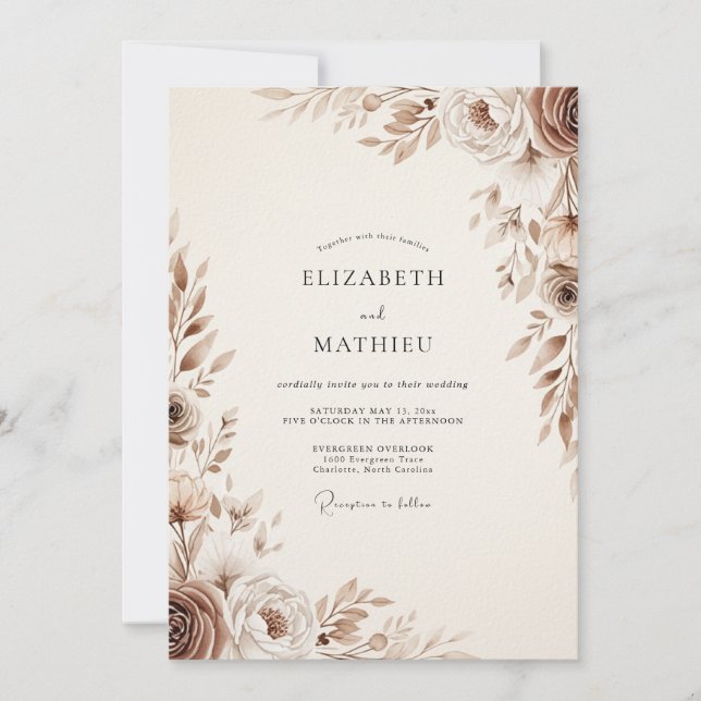 Invitación Boda floral etérea marrón (Anverso)