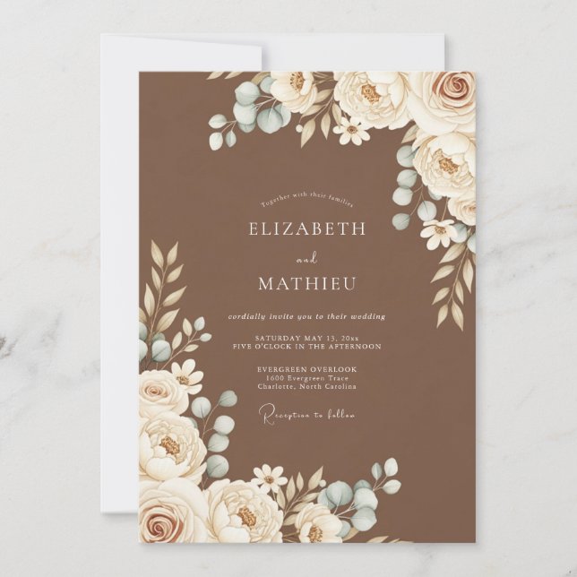 Invitación Boda Floral Etérea Marrón (Anverso)