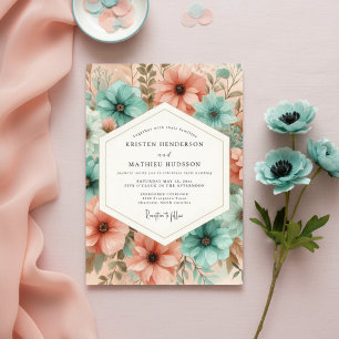 Invitación Boda floral etérea melocotón azul verdoso
