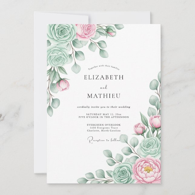 Invitación Boda Floral Etérea Rosa Menta (Anverso)