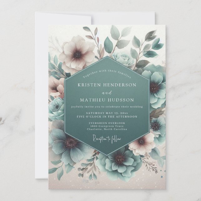 Invitación Boda floral etérea turquesa (Anverso)
