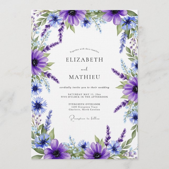 Invitación Boda floral etérea violeta (Anverso)