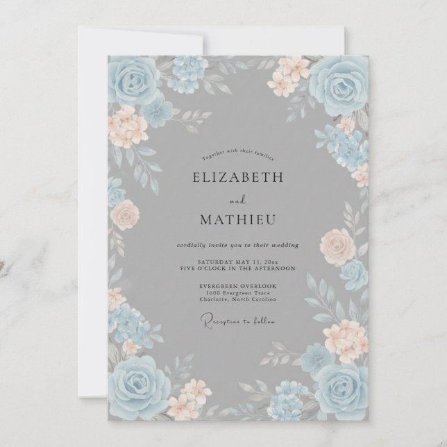Invitación Boda Floral Etéreo Blue Peach (Anverso)