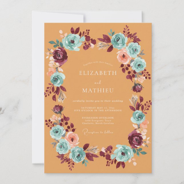 Invitación Boda Floral Etéreo Burgundy Teal (Anverso)