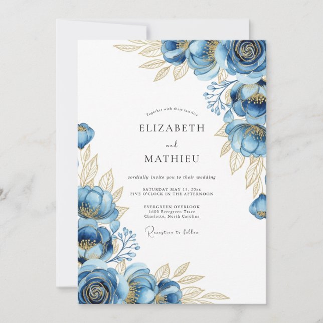 Invitación Boda Floral Etéreo de Azul Marino (Anverso)