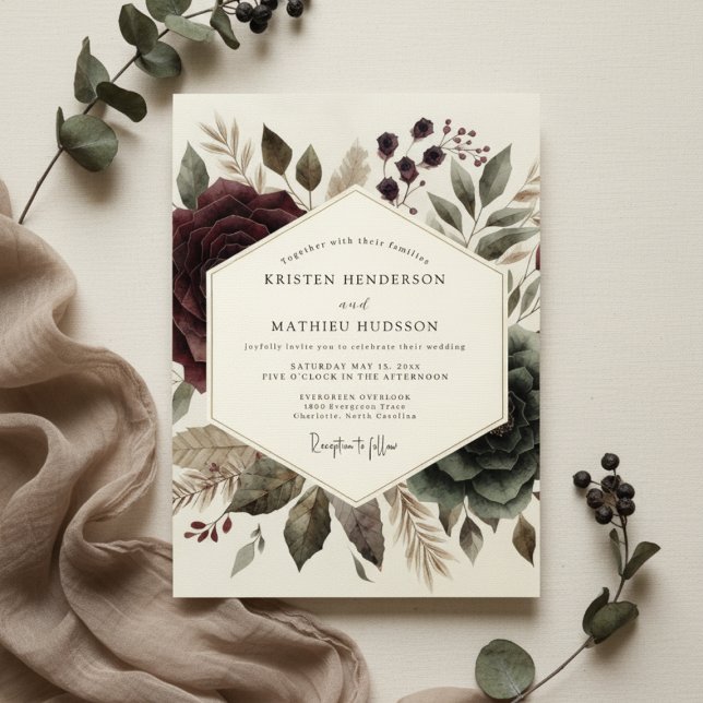 Invitación Boda Floral Etéreo de Borgoña (Subido por el creador)