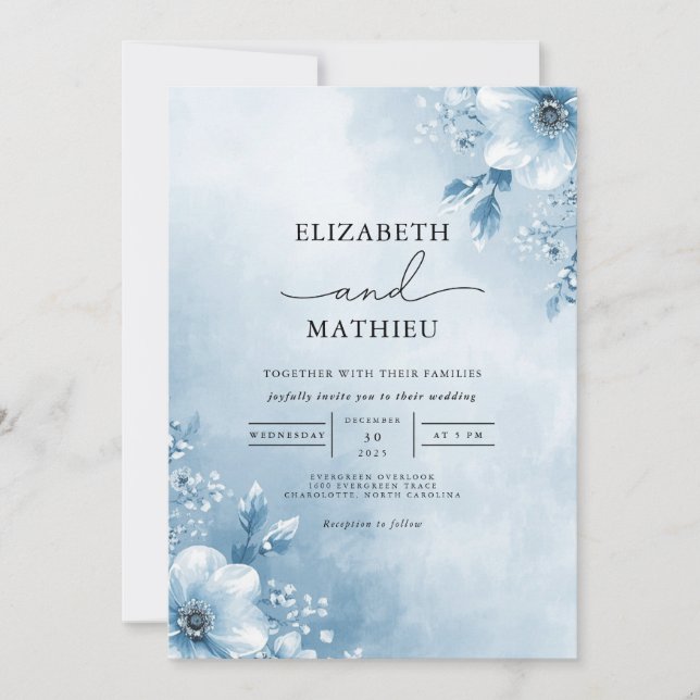 Invitación Boda floral Ethereal Blue Blossom (Anverso)