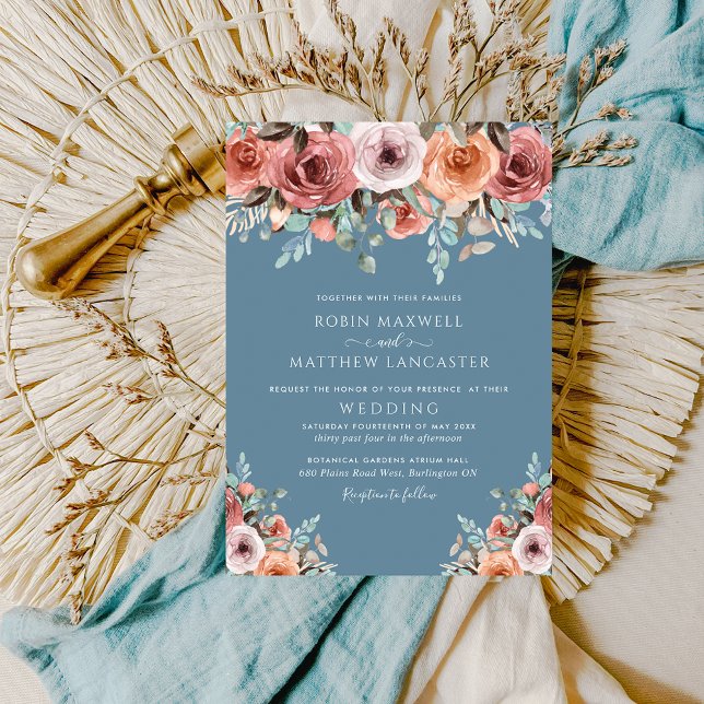 Invitación Boda floral Ethereal Dusty Blue y Rubor Peach (Subido por el creador)
