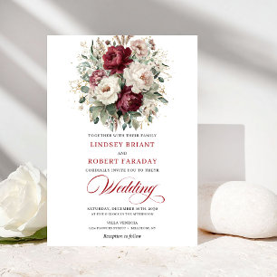 Invitación Boda Floral Eucalipto Oro Burgundy Chic Blanco