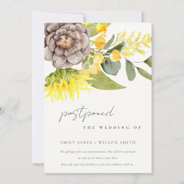 Invitación Boda FLORAL EUCALÍPTUS SUNFLOWER POSPUESTO (Anverso)