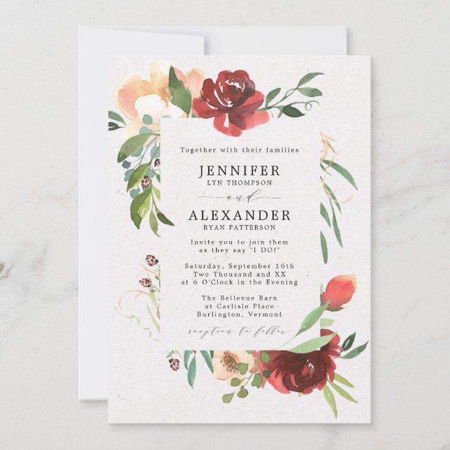 Invitación Boda floral Eucalyptus Floral Red Burgundy (Anverso)