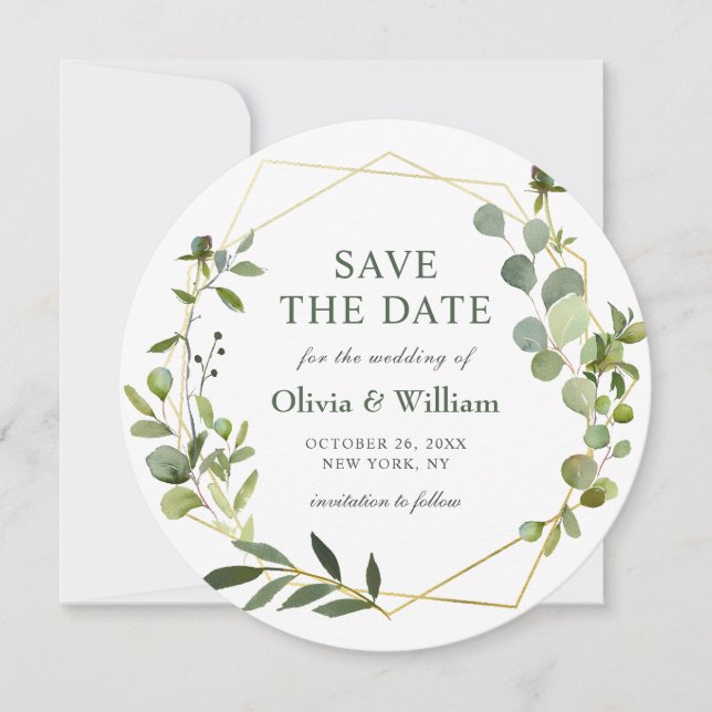 Invitación Boda floral Eucalyptus moderna AHORRA LA FECHA (Anverso)