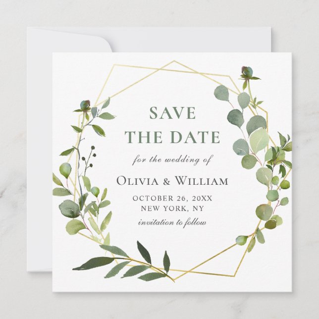 Invitación Boda floral Eucalyptus moderna AHORRA LA FECHA (Anverso)