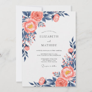Invitación Boda floral exquisita melocotón navy