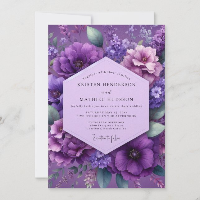 Invitación Boda floral exuberante de amatista (Anverso)