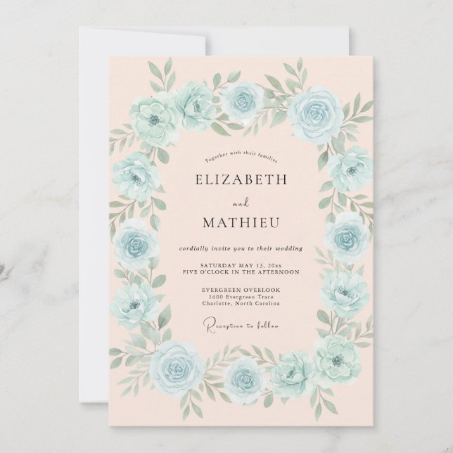 Invitación Boda floral exuberante de azul cielo (Anverso)