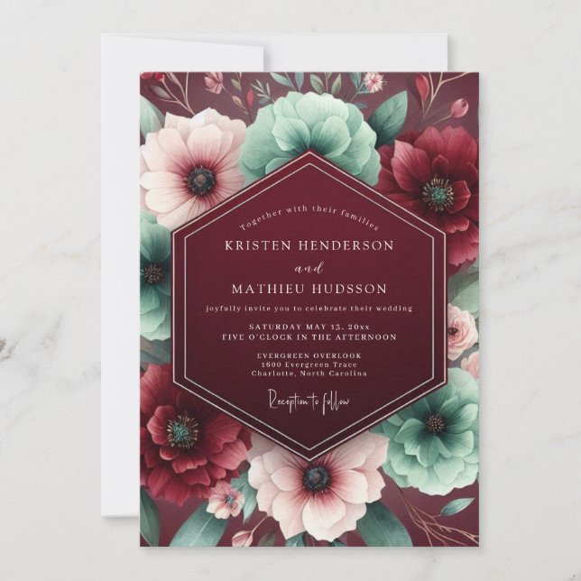 Invitación Boda floral exuberante de Borgoña (Anverso)