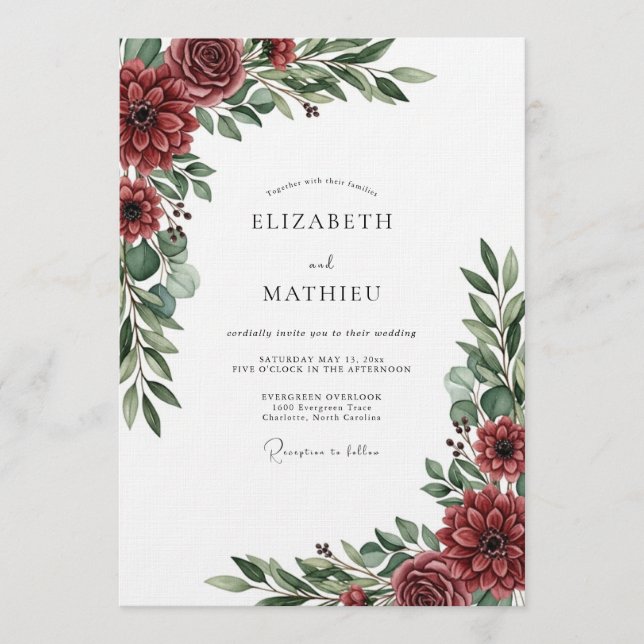 Invitación Boda floral exuberante de Borgoña (Anverso)