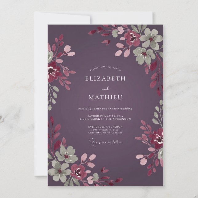Invitación Boda Floral Exuberante de Ciruela (Anverso)