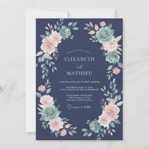 Invitación Boda floral exuberante de color azul marino